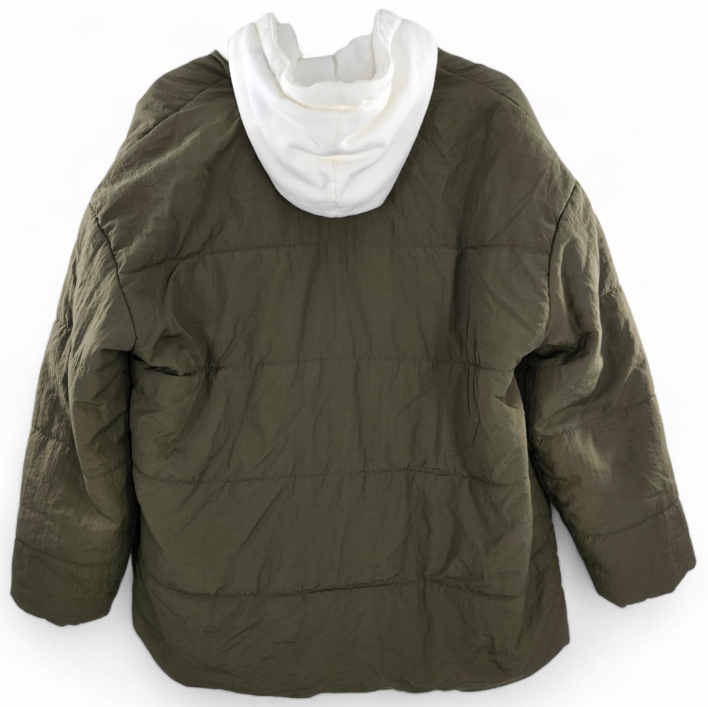 Blank NYC Fair Shake Olive Green Puffer Jacket White Cotton Removeable Hoodie - Picture 8 of 14